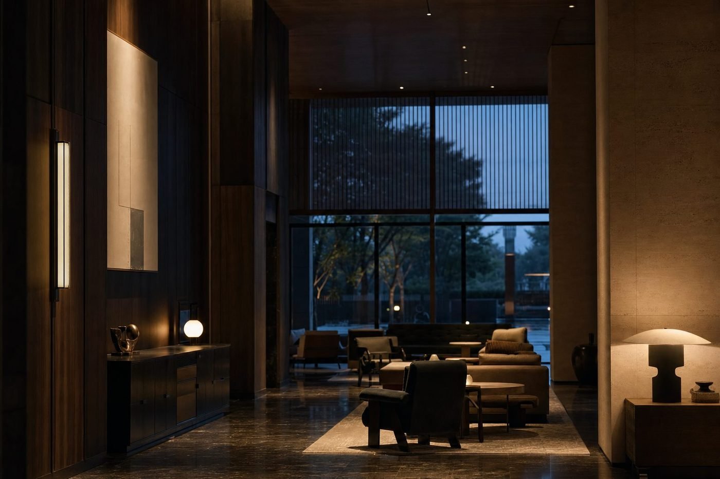 Hotellobby in der Abenddämmerung, warmes Licht